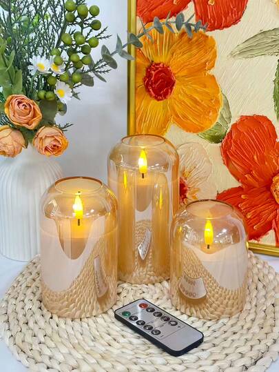 3个装LED无焰蜡烛灯，带定时器/遥控器，电池供电，祈祷蜡烛灯，无焰无味，优质弧形灯罩，适用于家庭、卧室、婚礼、餐厅、花园、求婚、圣诞节、万圣节（金色弧形款）