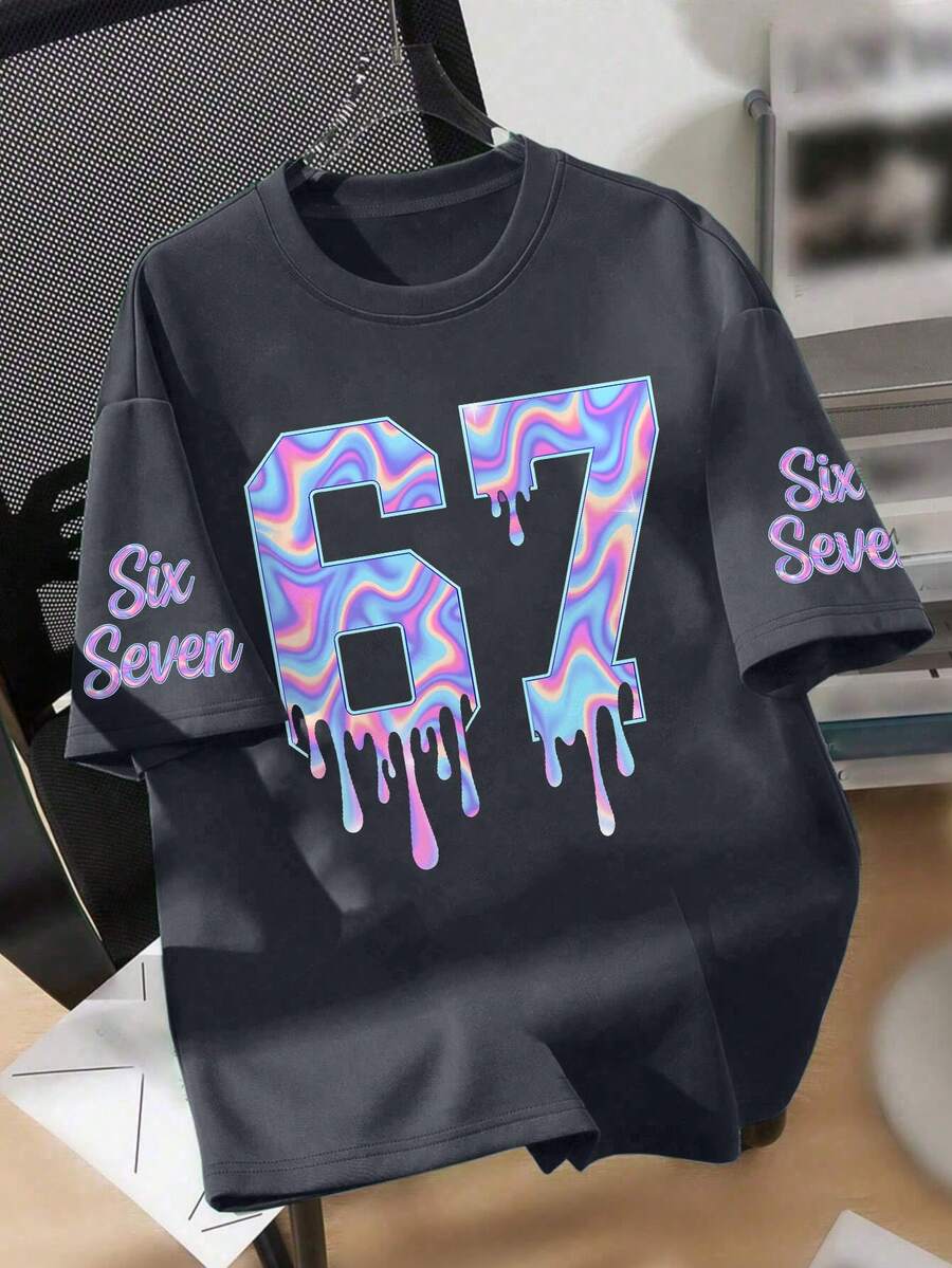 青少年赛博朋克“67”数字字母印花圆领短袖T恤,舒适新款春夏女童服装 - 深灰色 - 查看 1