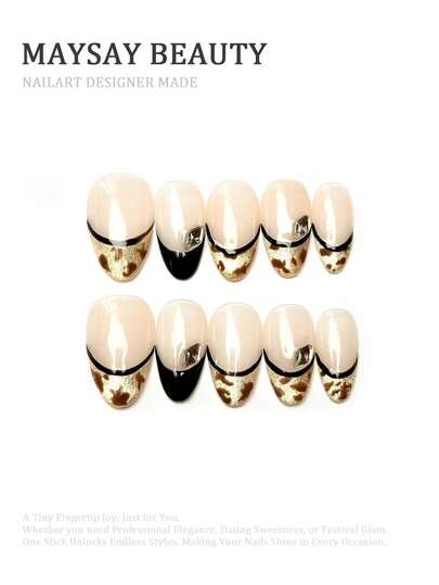 10pcs Short Oval Fake Nails With Nude Beige Translucent Base & Black Fine Edge French Design, Gold Foil Glitter Gradient & Black-Gold Contrast Effect Retro Luxurious Style 100% Handmade Press On Acrylic Nails Reusable Nail Supplies Including 1pc Jelly Glue,1pc Stick And 1pc Nail File For Women's Daily Or Party Wear