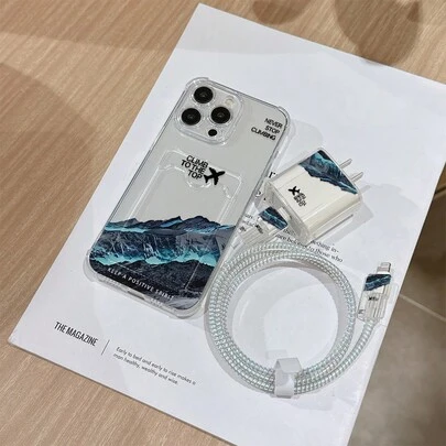 六合一套装：透明山峰飞机图案手机壳 + 充电头保护套 + 数据线保护套 + 收纳线 + 数据线缠绕线，TPU 防震保护壳，兼容 6/7/8/X/XS/XR/11/12/13/14/15/16 Pro Max，适合作为情侣、女性、女儿、男友、女友、青少年的生日和圣诞礼物。
