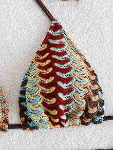 三件套可调节蕾丝比基尼套装，女士沙滩度假泳装 - 摩卡棕 - 查看 3