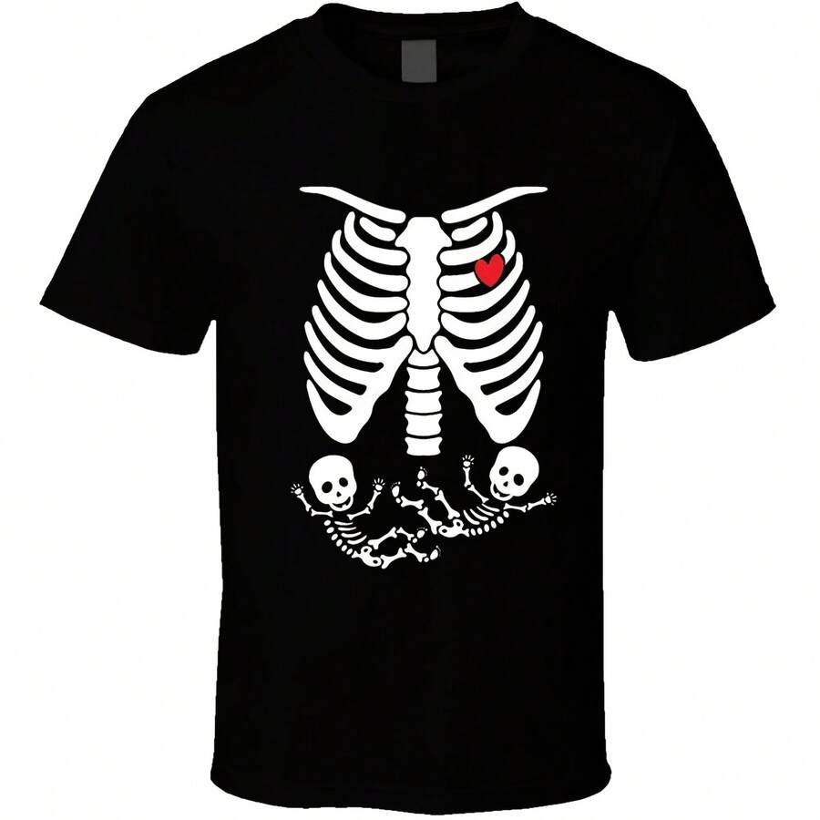 Camiseta de esqueleto gemelo, camiseta de embarazada, camisetas de maternidad, camiseta de disfraz de Halloween, regalo para mujeres gemelas, regalos para mamás embarazadas - Negro-2 - Ver 1