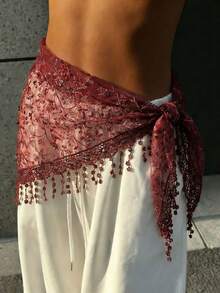 1件装女士时尚波西米亚风花朵刺绣流苏三角巾，多功能围巾，时尚三角肚皮舞臀巾，女士泰国/阿拉伯舞裙腰带 - 純色 - 查看 3