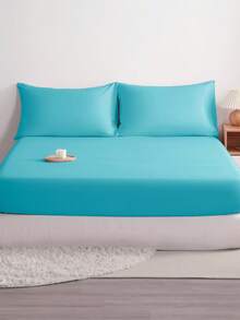 3pcs Solid Color Fitted Sheet Set  With 1pc Fitted Sheet+2pcs Pillow Case Without Filler, Modern Soft Bedding Set For Household Sheet Deep Pocket Up To 15 Inch - 天藍色 - 查看 1
