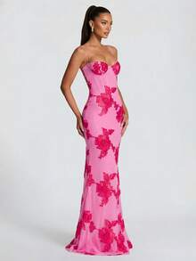 Shiny Cream Yellow Floral Embroidered Elegant Sexy Backless Party Dress, Suitable For Formal Occasions, Anniversary, Graduation, Party - Hot Pink - View 3