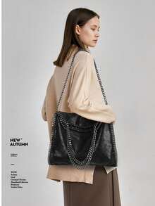 1 PIECE Women's Faux Leather Large Handbag With Stacked Chain Detail, Stella - Inspired Shoulder Bag/Shopper, New European-American Fashion, Ideal For Everyday Use & Parties - 黑色 - 查看 7