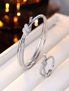 1pc Classic Copper Material Cubic Zirconia Inlaid Bangle Bracelet, Versatile Jewelry, Mother's Day Gift - Bracelet - View 11