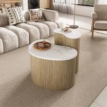 Modern Minimalist Coffee Table, Marble Vein, Wood Vein, Scandinavian Style Side Table, Multifunctional Living Room Table. - Wood Color+White - View 4