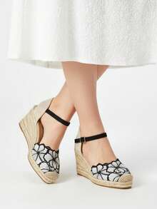Calzados soraia, Sandalias de Cuña Tipo Alpargata con Brillo Plateado - Zapatos de Esparto con Bordado de Flores y Hebilla - Plata  Bohemio    Hebilla    Vacación - Negro - Ver 4
