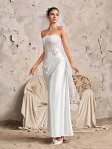 Sleeveless Off-Shoulder Beaded Wedding Dress With 3D Rose And Ruffle Details, Elegant Woven Maxi Dress Suitable For Parties And Romantic Events - White - View 6