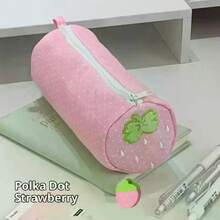 Cream Strawberry Polka Dot Pink Pencil Case Student Stationery Back To School Storage Bag School Supplies Pen Stationery Gift - hồng - Xem 3