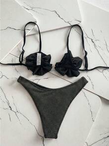 Bộ bikini hai mảnh tam giác họa tiết hoa 3D lưới màu đen, gợi cảm và thanh lịch, thích hợp cho kỳ nghỉ hè thư giãn ở bãi biển, tiệc bể bơi và các buổi liên hoan. - màu đen - Xem 2