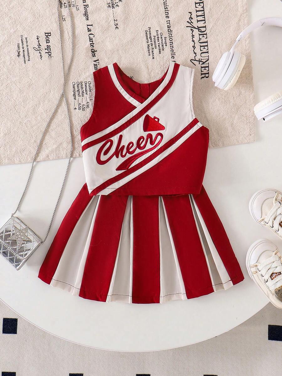 2件套女婴休闲时尚学院风上衣+裙子套装，夏季啦啦队服 - 酒紅色 - 查看 1