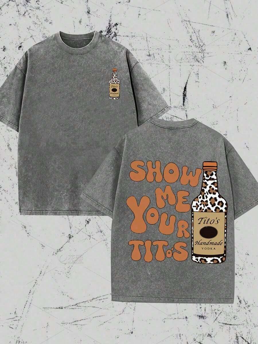 Outdoor Sport,Modern Streets,Y2K Style Alcoholic Beverages Pattern Printing( Pure Cotton T-Shirt) Cotton T-Shirt , Fashionable Pure Cotton Vintage Washed Men's T-Shirt, A Surprise Gift For Family And Friends, With Drooping Shoulder Sleeves And Round Neck,A Certain Thickness Suitable For Summer T-Shirts, Holiday Gifts. ,Washed Men Clothing - 灰色 - 查看 1