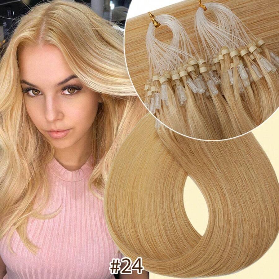 100Strands Micro Ring Loop Tip Remy Human Hair Extensions Straight Micro Beads Link Hair 0.5g/Strand Pelucas De Cabello Humano #1 Jet Black #1B Natural Black #2 Dark Brown #4 Medium Brown #6 Light Brown #24 Natural Blonde #27 Dark Blonde #60 Platinum Blonde #613 Bleach Blonde #4/27 Medium Brown/Dark Blonde #12/613 Golden Brown/Blonde #18/613 Ash Blonde/Bleach Blonde - #24 Natural Blonde - 查看 1