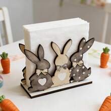 1/4 piezas Soporte vintage de madera para servilletas con diseño de conejo y letrero de "Felices Pascuas", adecuado para decoración de cocina de estilo granja en primavera, estantería para toallas de papel, centro de mesa estacional - Multicolor - Ver 5