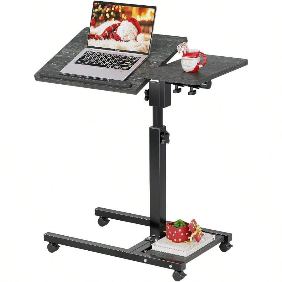 Overbed Table With Wheels Adjustable Height, Mobile Standing Stand Up Rolling Laptop PC Desks With Tilting Top Height Tray Side Computer Workstation For Bedroom On Hospital Home Use, Black - Default - View 1