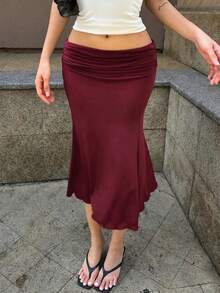 黑色褶裥腰身鱼尾下摆低腰修身中长裙，适合日常通勤，春季穿着。 - 酒紅色 - 查看 4