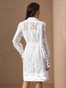 优雅女士立领泡泡袖纽扣腰A字连衣裙 - 白色 - 查看 2