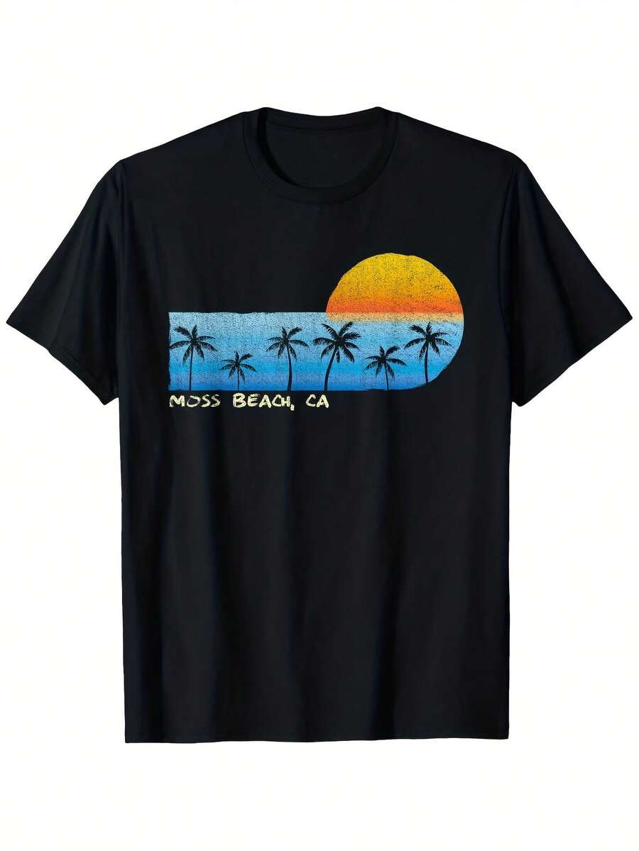 Men's Vintage California Beach T-Shirt - Soft Breathable 180g Heavyweight Cotton Tee with R Moss Beach CA Palm Trees Sunset Graphic - Black Shirt for Men - hine Washable Casual Sum - Negro 10 - Ver 1