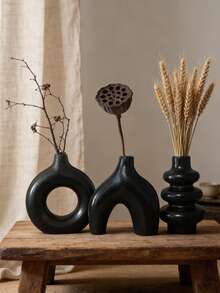 3pcs Bohemian Style White Vase Set, Geometric Design Vase Set, Nordic Origami Vase, Ins Style Vase For Dining Table, Living Room, Entryway, TV Cabinet, Donut Shaped Vase, Home Decor - Black. - View 4