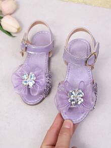 2026 New Girls' Mesh Flower Rhinestone Sequin Non-Slip Open Toe Flat Sandals, Suitable For National Day Travel/Halloween Costume Change/Christmas Family Activities - Purple - View 3