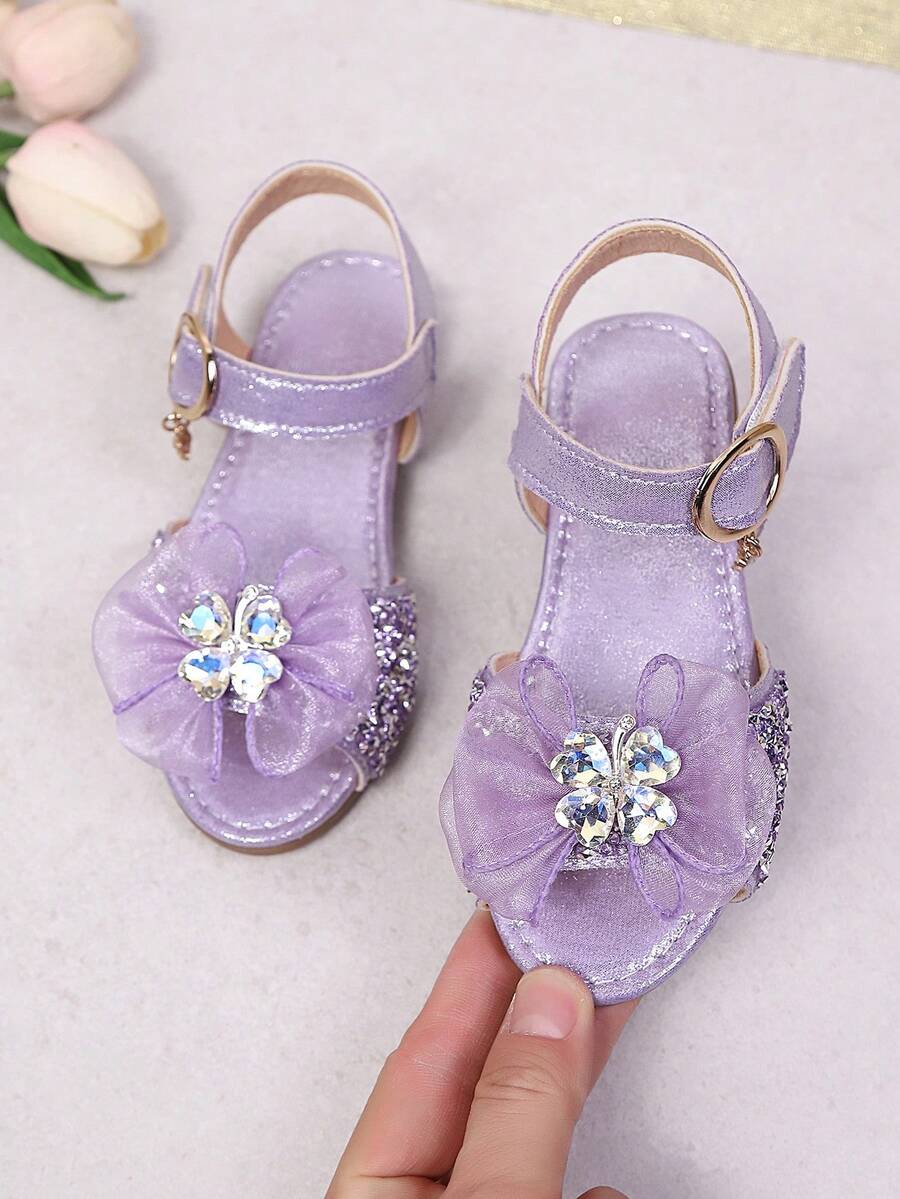 2026 New Girls' Mesh Flower Rhinestone Sequin Non-Slip Open Toe Flat Sandals, Suitable For National Day Travel/Halloween Costume Change/Christmas Family Activities - Purple - View 1