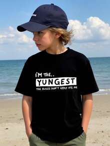 Camiseta de manga corta con estampado de lema divertido para niños pequeños, verano - Negro - Ver 1