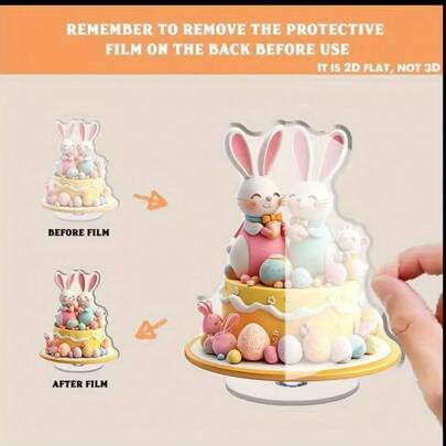 2D Flat, 1pc Rotating Rabbit Cake With Mouse Tabletop Decor - Easter Centerpiece - No Power Needed, Easy Rotating Base - Spring Party Home Decor, Acrylic Figurine, Fun Design, Holiday Gift, Perfect Easter Decoration, Halloween Gift