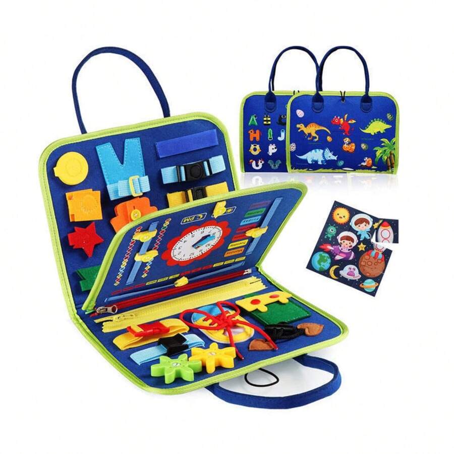 Montessori Busy Board - Sensory Life Skills Activity Toy With Zipper And Button Learning, Present - Azul - Ver 1