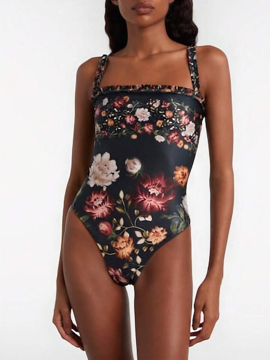 2026 Summer Beach Allover Print Backless One Piece Swimsuit,Elegant,Valentine's Day,Beach,Vacation,Carnival,Casual,Chic,Summer Outfits,Summer Holiday Outfits,Spring,Valentine Outfits For Women,Carnival. - 黑色 - 查看 1
