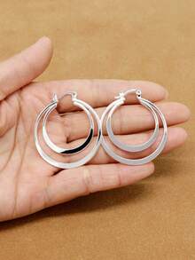 1 Pair Women's Double-Layer Round Hoop Earrings, Suitable For Daily Wear - Silver - View 3