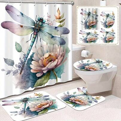 【花卉图案浴帘套装】1/4 件装花卉蜻蜓图案浴帘 - 涤纶防水浴帘，配 12 个挂钩 - 艺术印花装饰浴室套装，包含浴室地毯、U 型垫、马桶盖套、浴室配件
