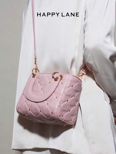 HAPPY LANE Pink Rhombus Handbag, Delicate Quilted Texture, Gold Rivet Accents, Curved Handle With Metal Clasp, Adjustable Shoulder Strap, Soft & Feminine Style Women Bag