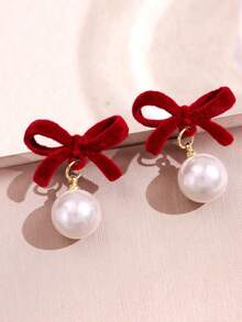 一对时尚、独特、精致、优雅的小众设计珐琅蝴蝶结珍珠耳环，女士日常佩戴、节日、派对的理想礼物首饰 - 彩色 - 查看 1