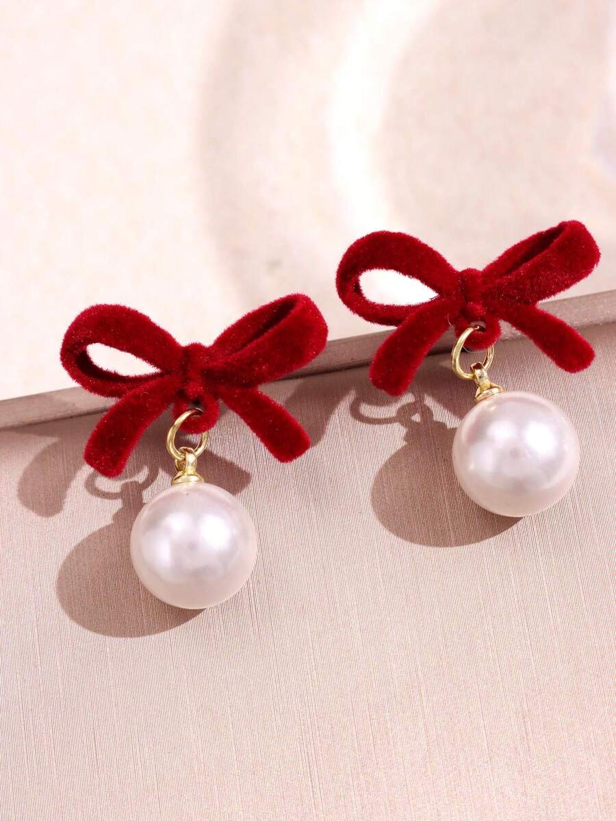 一对时尚、独特、精致、优雅的小众设计珐琅蝴蝶结珍珠耳环，女士日常佩戴、节日、派对的理想礼物首饰 - 彩色 - 查看 1