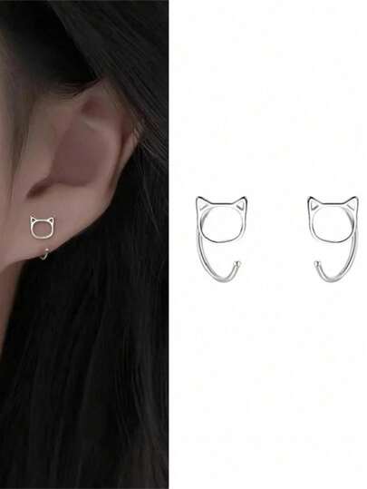 极简可爱镂空猫耳耳钉，银色别致设计，百搭日常佩戴，送给闺蜜的生日礼物