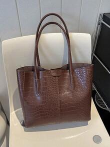 2026新款复古女士手提包，时尚通勤包，多功能大容量单肩包，随机纹理 - 咖啡棕 - 查看 11