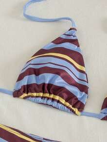 3 piezas Conjunto de bikini de mujer con tela acanalada, estampado de rayas y escote halter con calzones, para vacaciones de verano en la playa - Multicolor - Ver 6