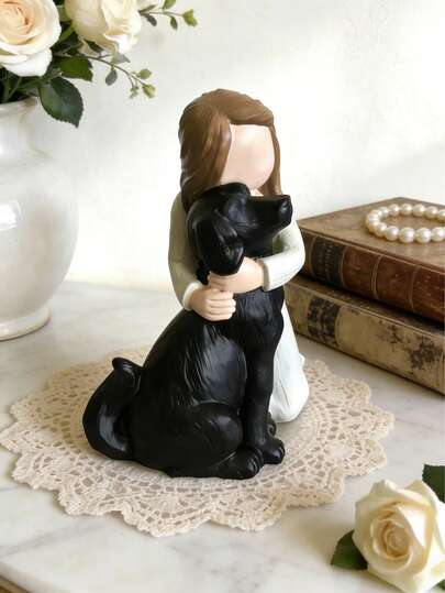 Classic Resin Girl Hugging Dog Sculpture, Animal Themed Thanksgiving Outdoor Decor, Ground Mounted Garden Statue, Angel Dog Memorial Sculpture, No Battery Or Power Required, Suitable For Home Decor, Bedroom, Office And Student Use, Wedding Decor, Home Decoration, Party Decor, Best Gift Choice