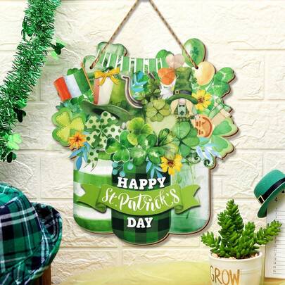 1pc St. Patrick's Day Outdoor Decor, Happy St. Patrick's Day Wooden Irish Style Door Hanger, Classic Green Clover Wooden Sign For Farmhouse Porch, Front Door, Outdoor Home Decor