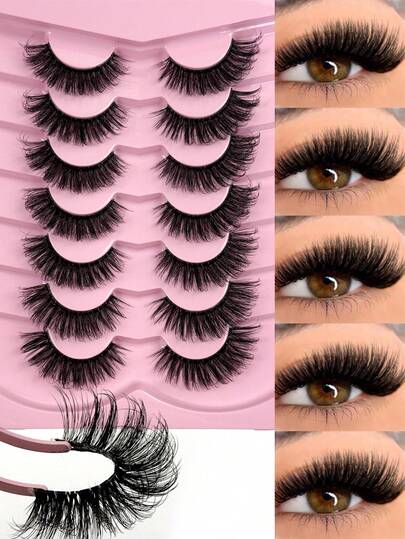 7 pares de pestañas postizas de gato de ojos largos y esponjosos, pestañas postizas de visón 3D falsas, pestañas largas y suaves con banda transparente, pestañas rizadas y postizas