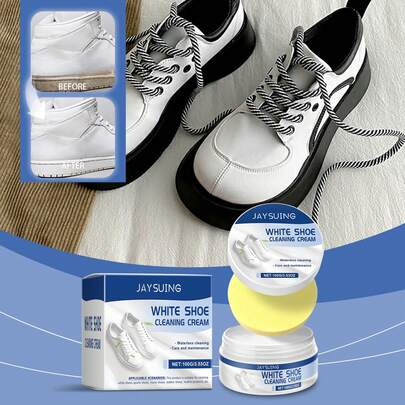JAYSUING 100g White Shoe Cleaning Cream - Gentle Cleaning Removes Various Shoes Stains & Dust Not Damage Shoe Upper Eliminate Yellowing Restore Pure White Luster Water-Free Cleaning Cream
