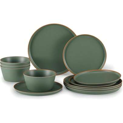 Vajilla De Melamina Para 4, 12 Piezas Irrompibles De PláStico Mate Juego De Platos Y Cuencos De Cocina, úLtima IntervensióN De BPA, Apto Para Lavaplatos, No Microondas, No Horno (Verde)