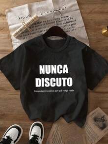 Áo thun nữ cỡ lớn cổ tròn tay ngắn kiểu dáng thường ngày in chữ tiếng Tây Ban Nha. - màu đen - Xem 4