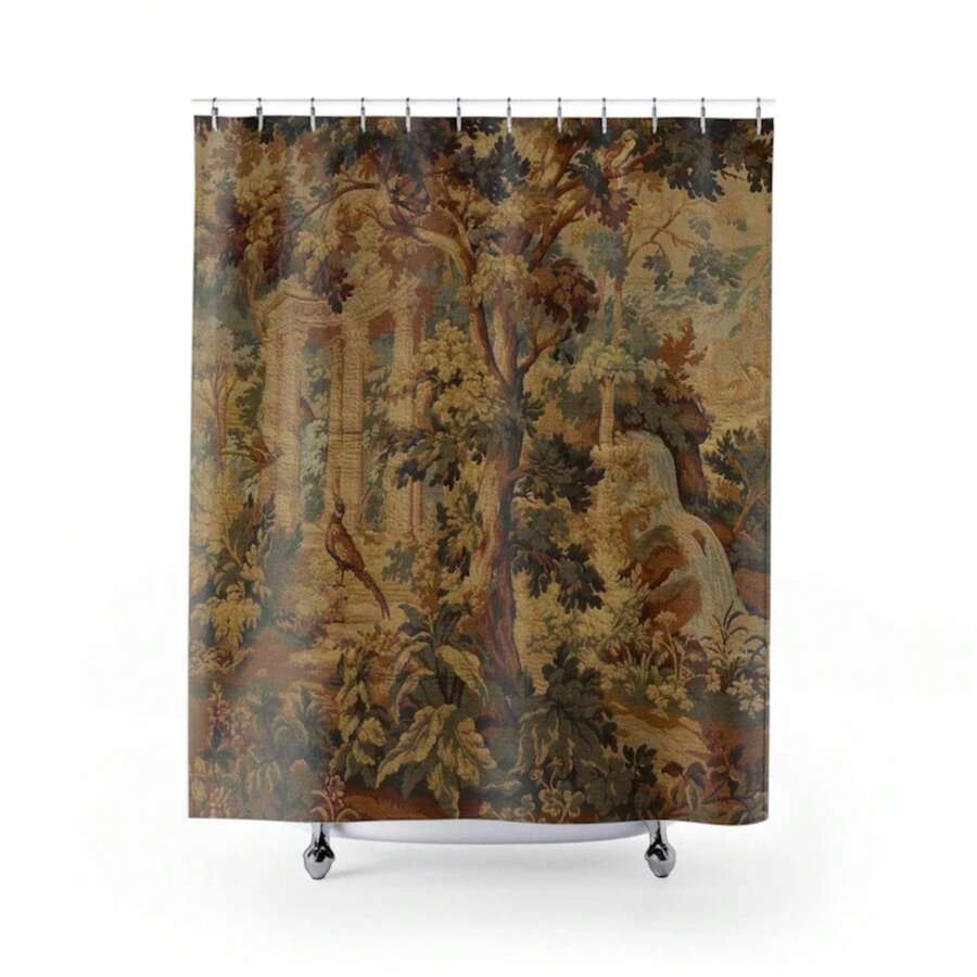French Verdure Shower Curtain,  Style Tapestry Reproduction, Vintage Bathroom Decor, Elegant Bath Curtain, Country Farmhouse Chic - A - 查看 1