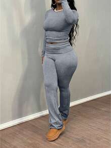 女士休闲圆领长袖T恤长裤套装，春季百搭单品 - 深灰色 - 查看 2