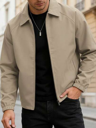 Chaqueta casual de hombre de unicolor, chaqueta exterior minimalista y versátil con cuello de solapa para hombres en otoño