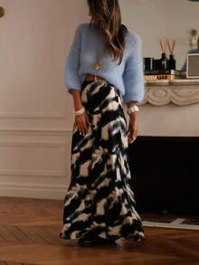 女士休闲波西米亚风长款连衣裙，梭织面料，无弹力，直筒版型，饰以艺术扎染图案，夏季款 - 黑灰色 - 查看 4