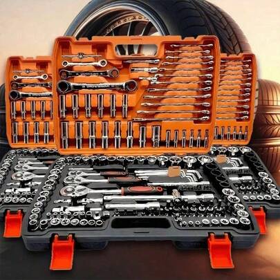 51/46 piezas Juego de herramientas mecánicas integral - Juego de llaves de vaso profundas y estándar de 1/4", 3/8", 1/2", Juego de llaves de carraca, Llaves de vaso de S2 y CR-V, Kit de reparación automotriz y mecánica del hogar, que incluye llaves combinadas, accesorios y caja de almacenamiento